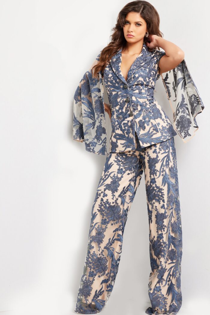 Pant Suit Long Two Piece Formal Pant Suit Navy/Nude