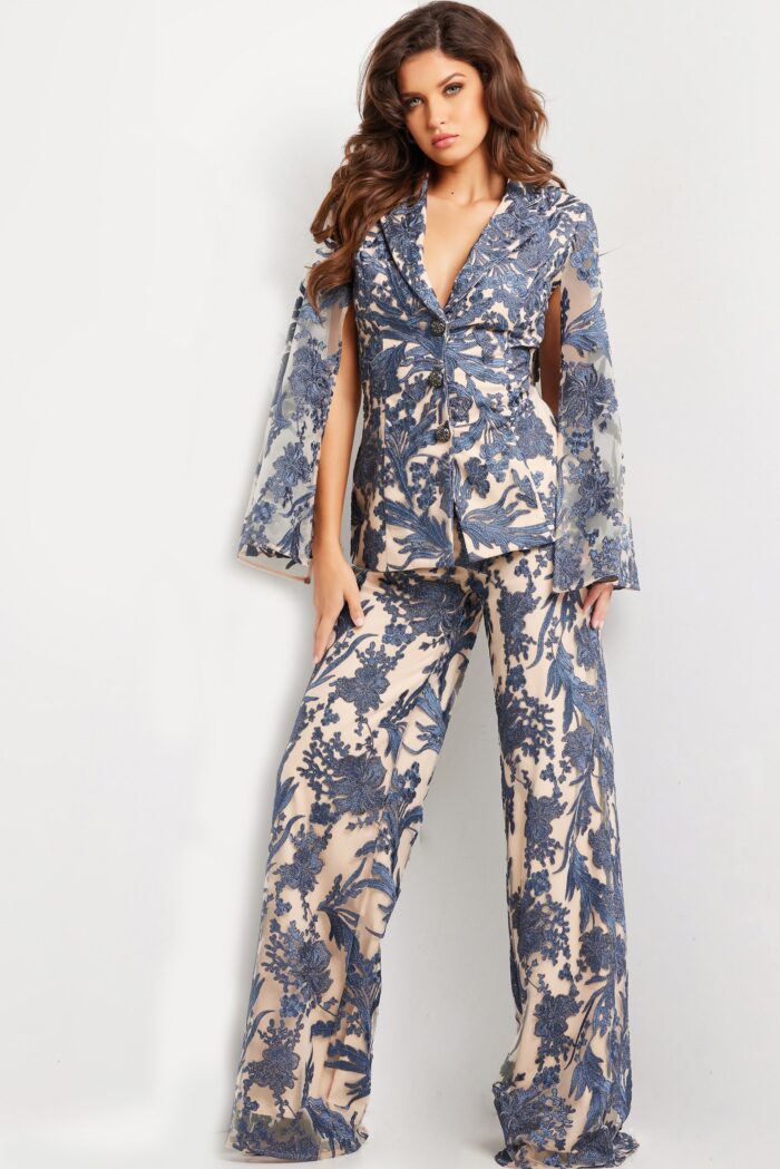 Pant Suit Long Two Piece Formal Pant Suit Navy/Nude