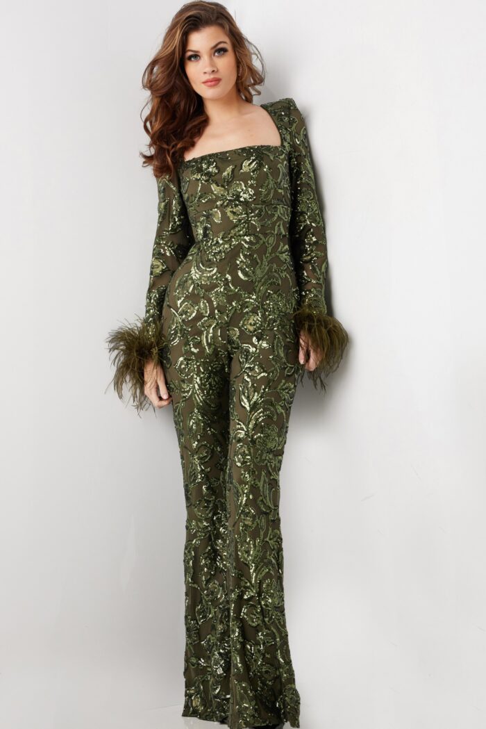 Jumpsuit Long Beaded Sequin Formal Jumpsuit Olive