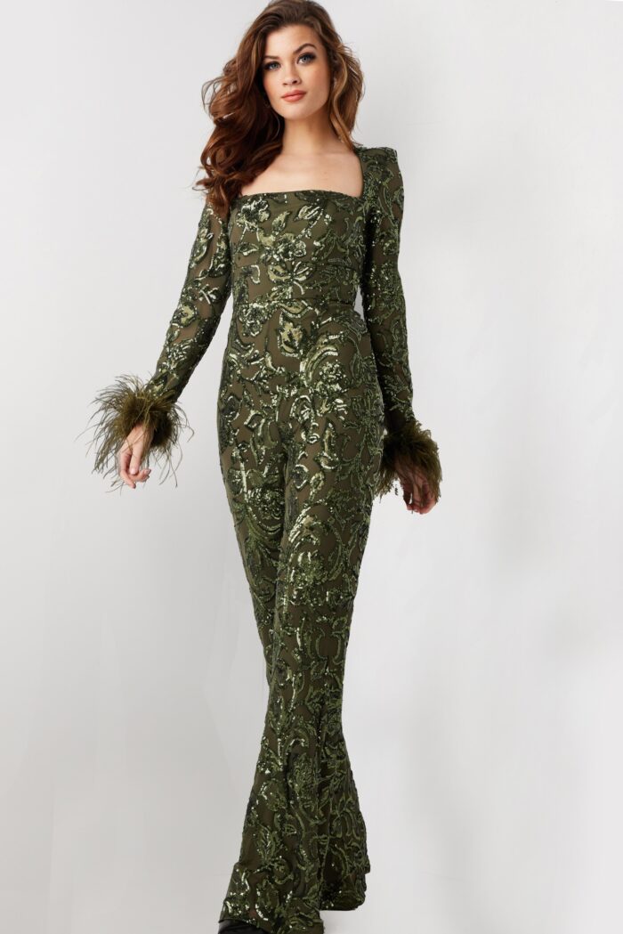 Jumpsuit Long Beaded Sequin Formal Jumpsuit Olive