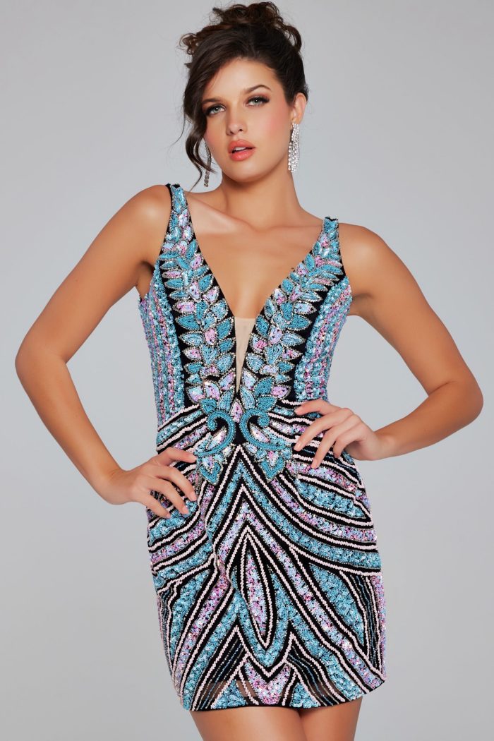 Jovani 25925 Short Homecoming Beaded Sequin V Neck Cocktail Dress