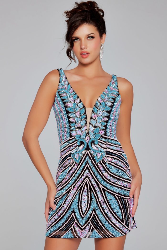 Jovani 25925 Short Homecoming Beaded Sequin V Neck Cocktail Dress