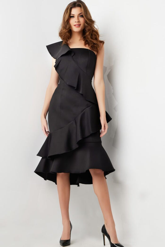 Cocktail Dresses Midi Length Ruffle Cocktail Dress Black