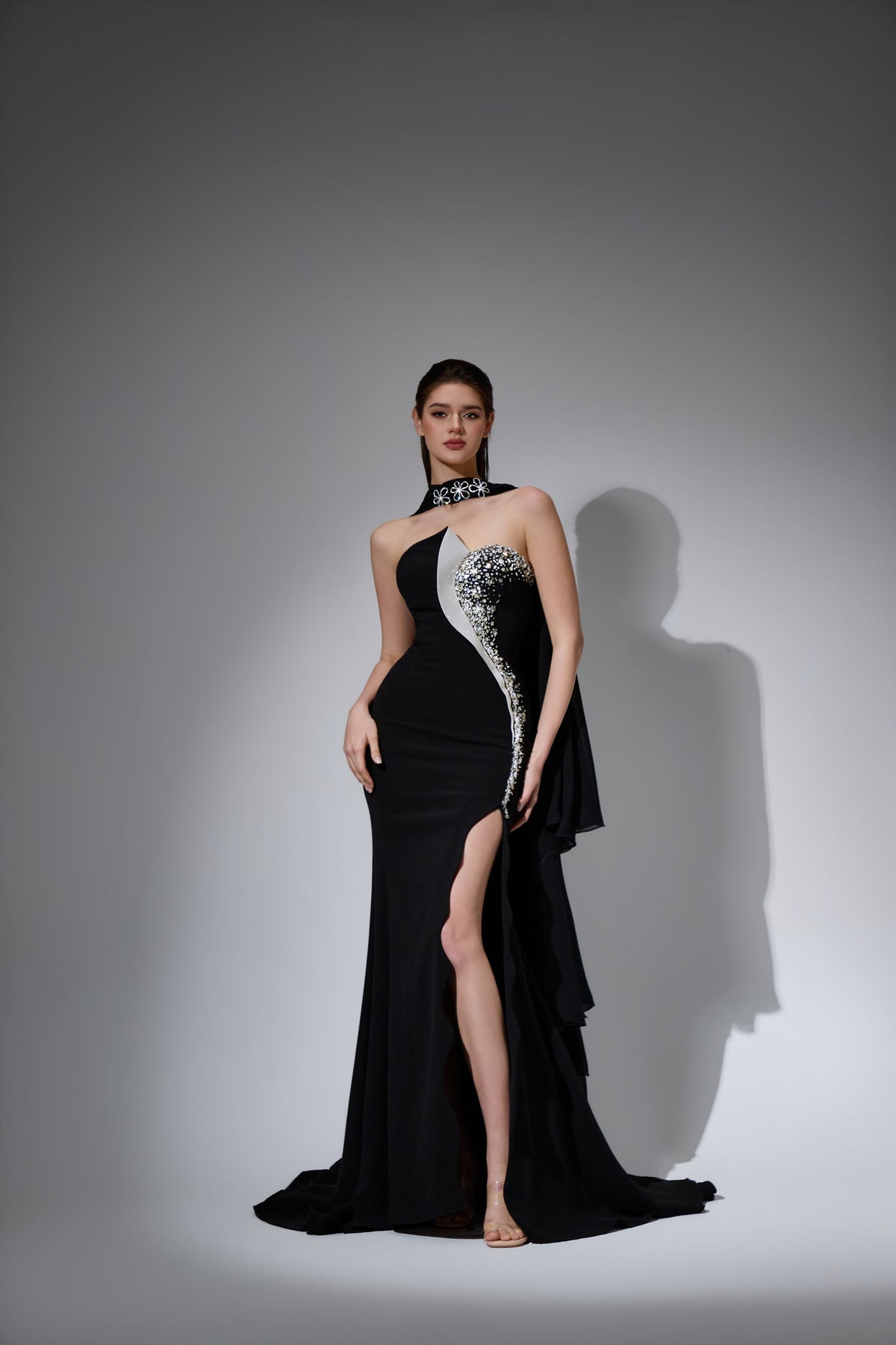 Crew High-Neck Floor-Length with Train Chiffon Prom Sheath Column Pre Order