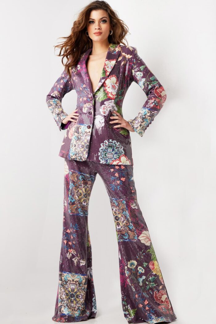 Pant Suit Sequin Long Floral Print Formal Pant Suit Multi