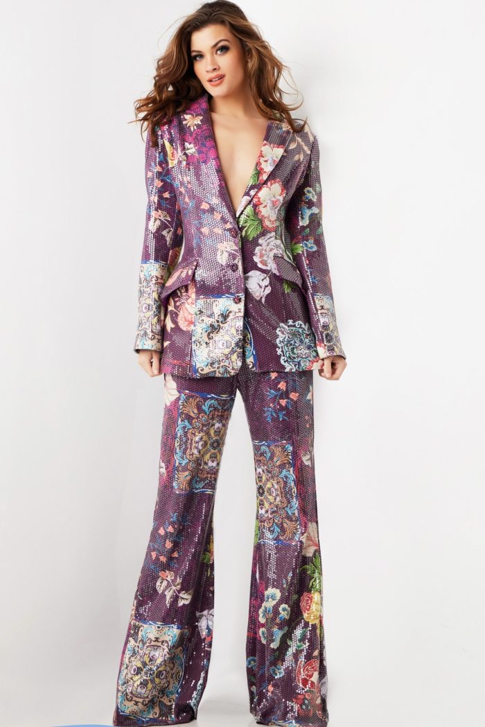 Pant Suit Sequin Long Floral Print Formal Pant Suit Multi