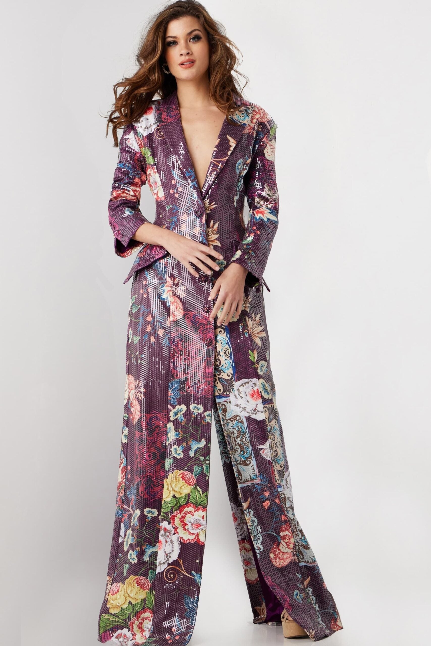 Jovani 26035 Long Sleeve Formal Floral Print Sequin Coat Dress