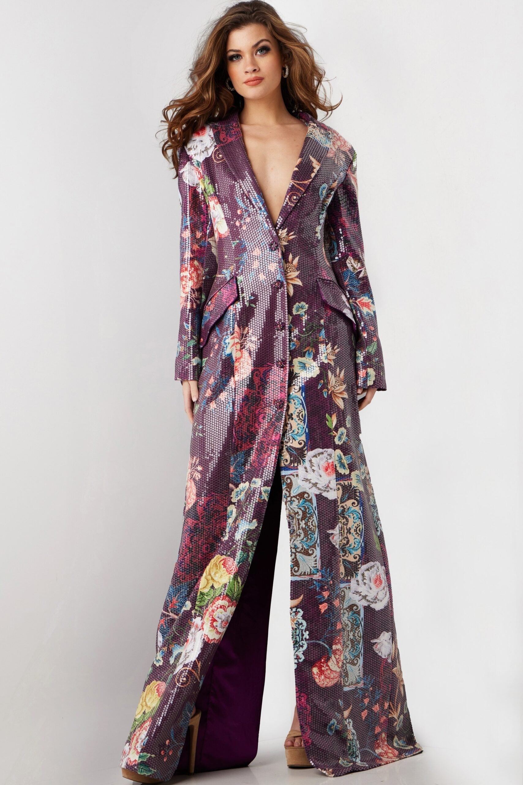 Jovani 26035 Long Sleeve Formal Floral Print Sequin Coat Dress