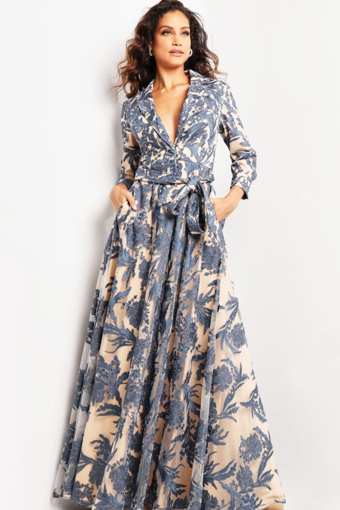 Formal Dresses A Line Long Beaded Formal Evening Dress Navy/Nude