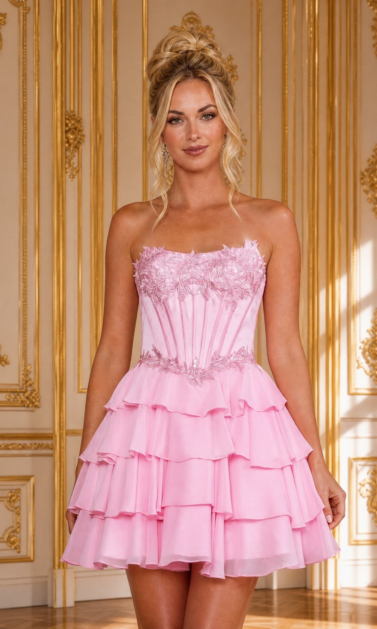 Strapless Curved Neck Mini Short Chiffon Cocktail Fit & Flare Poly USA 26170