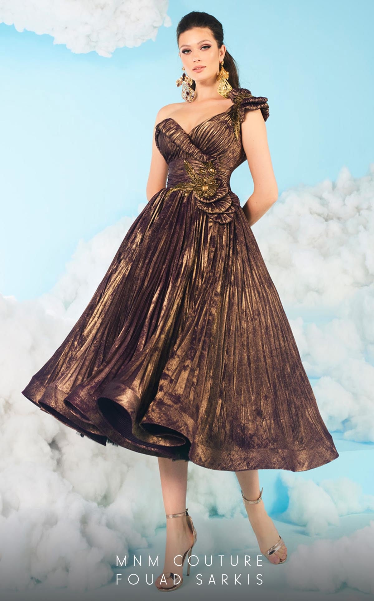 MNM Couture 2617 Beaded Formal A Line Metallic Tea Length Dress