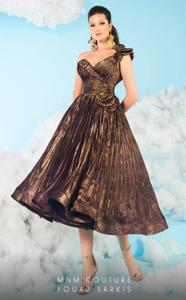 MNM Couture 2617 Beaded Formal A Line Metallic Tea Length Dress