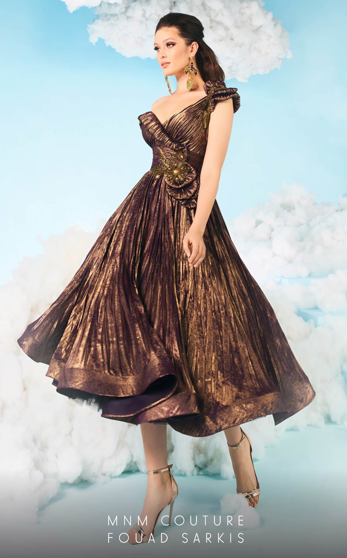 MNM Couture 2617 Beaded Formal A Line Metallic Tea Length Dress