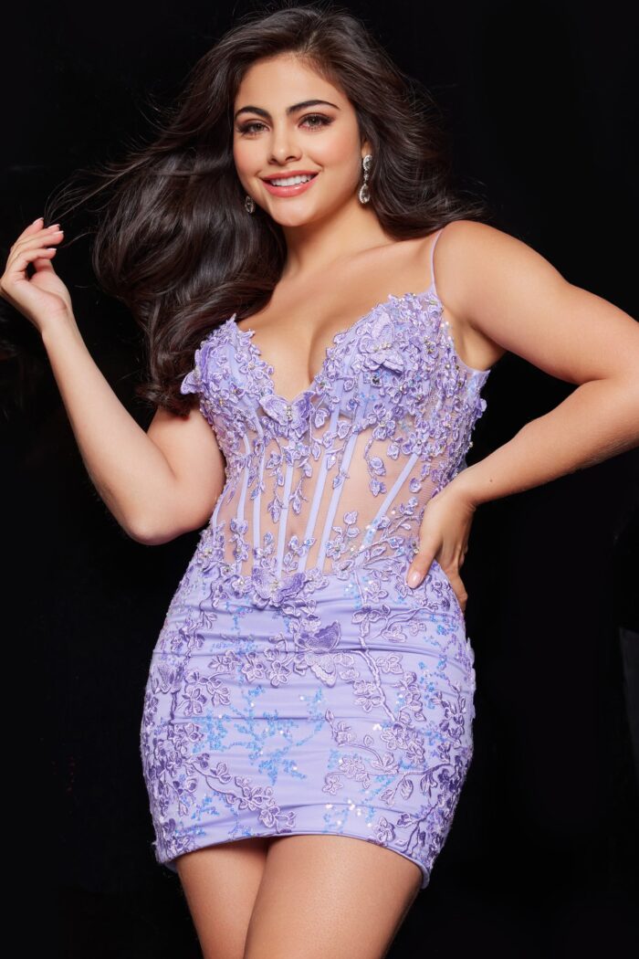 Jovani 26194 Sequin Lace Short Illusion Bodice Cocktail Dress