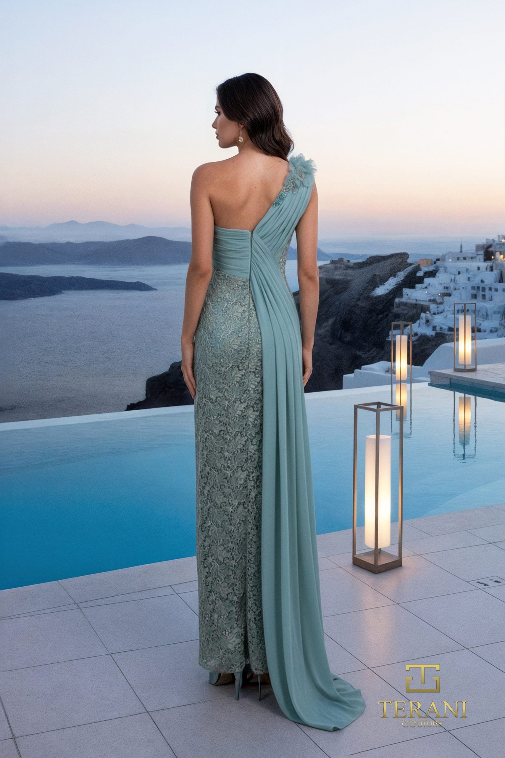 Terani Couture 261E6257 Long Formal Lace Evening Dress - Sage / 12 Terani Couture 261E6257 Long Formal Lace Evening Dress - Sage / 12