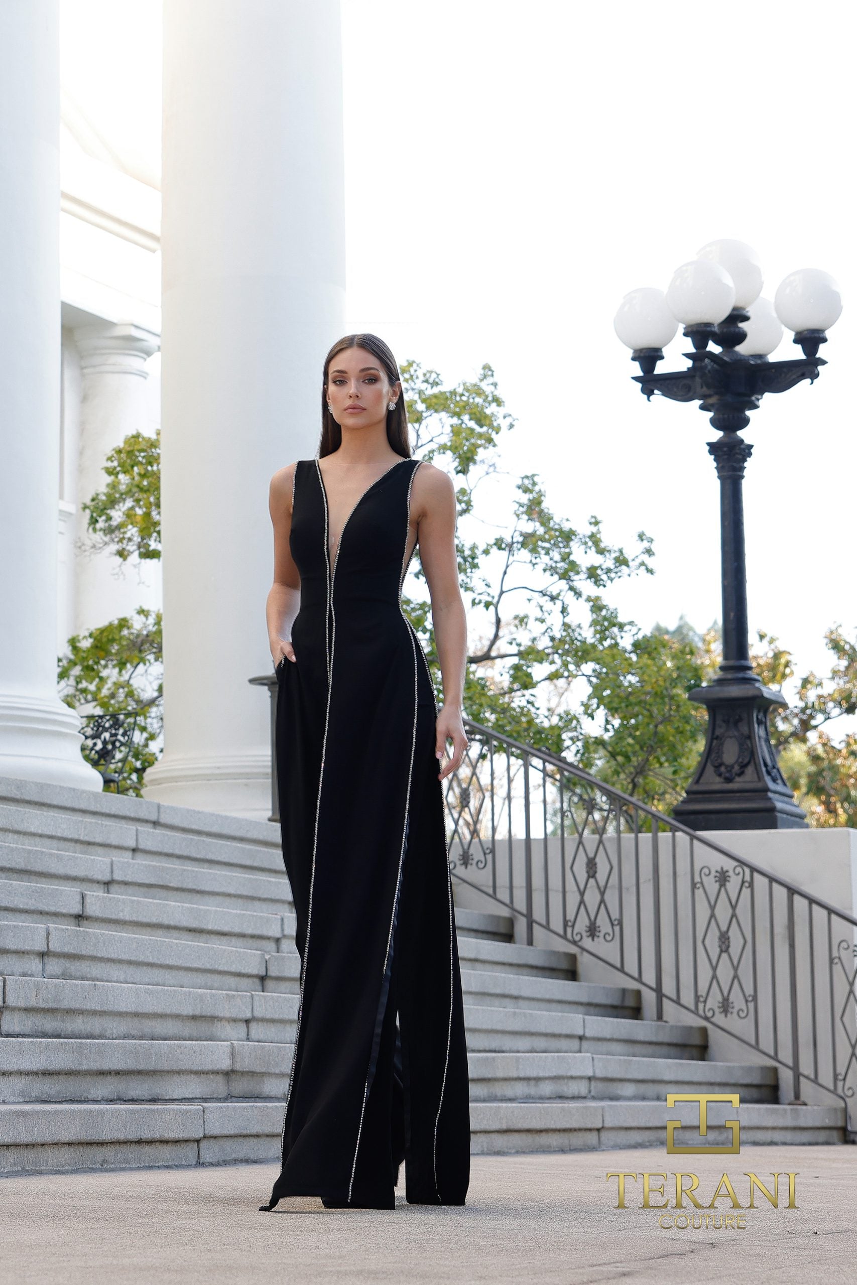 Jumpsuit Long Formal Evening Jumpsuit Black-Scuba-261E6743-Beaded
