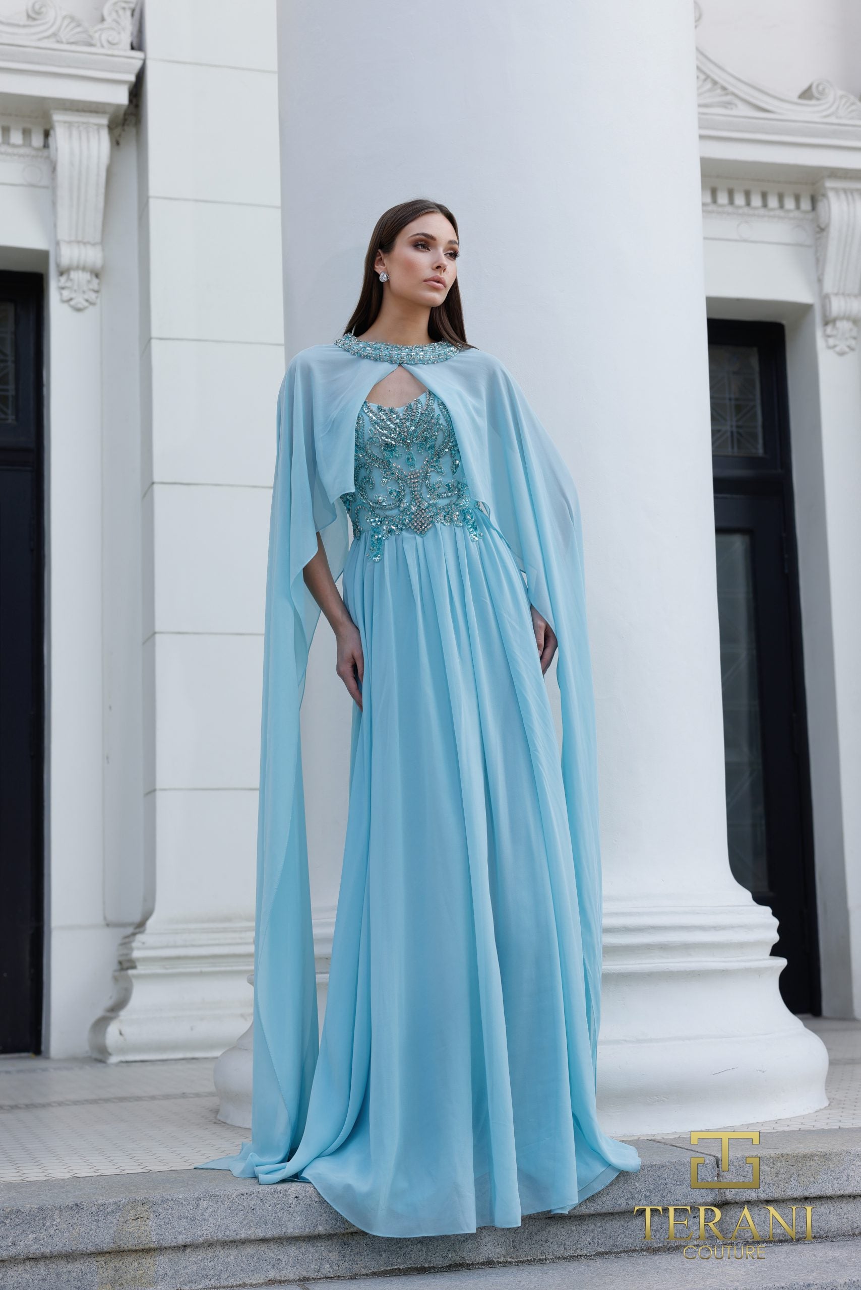 Mother of the Bride Dresses A Line Long Formal Cape Mother of the Bride Dress Sea Mist-Chiffon-261M6402-Cape