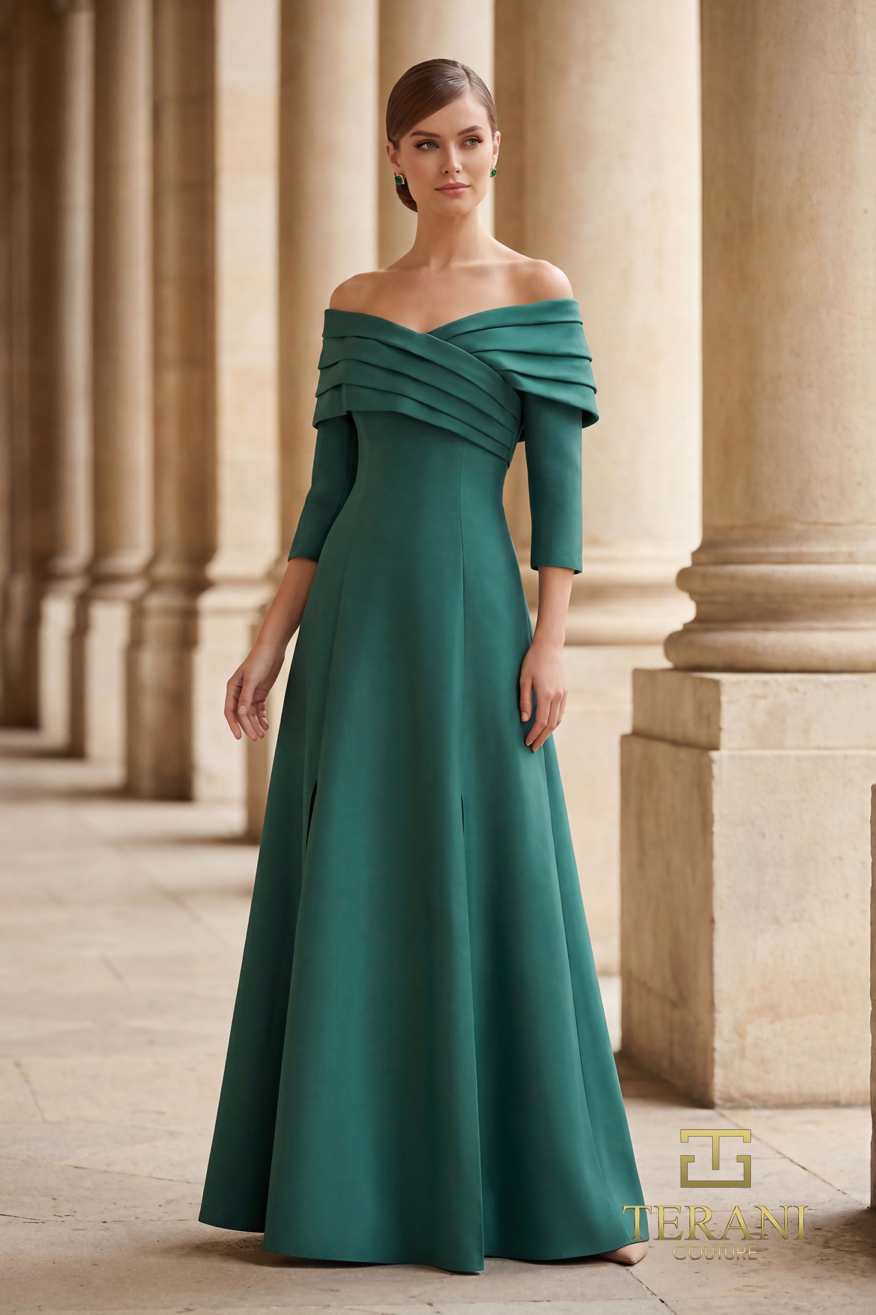 Formal Dresses Long Sleeve A Line Formal Dress Emerald-Mikado-261M6434-Train