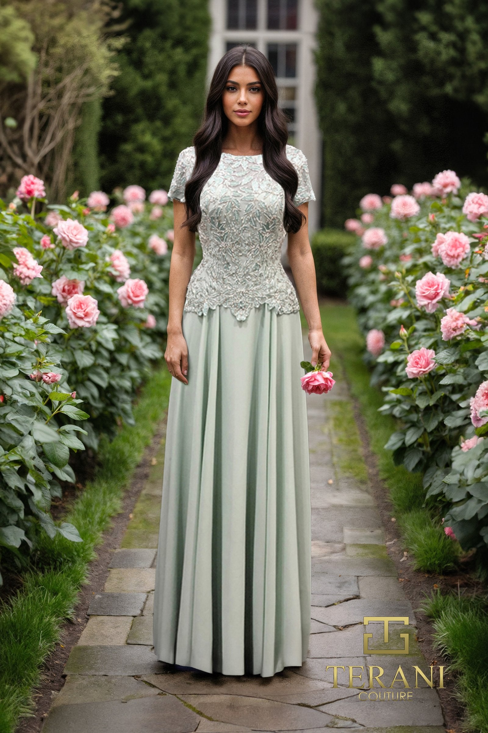Terani Couture Chiffon Short Sleeve Beaded Bodice Long Mother of the Bride Dress, Womens, 4, Sage