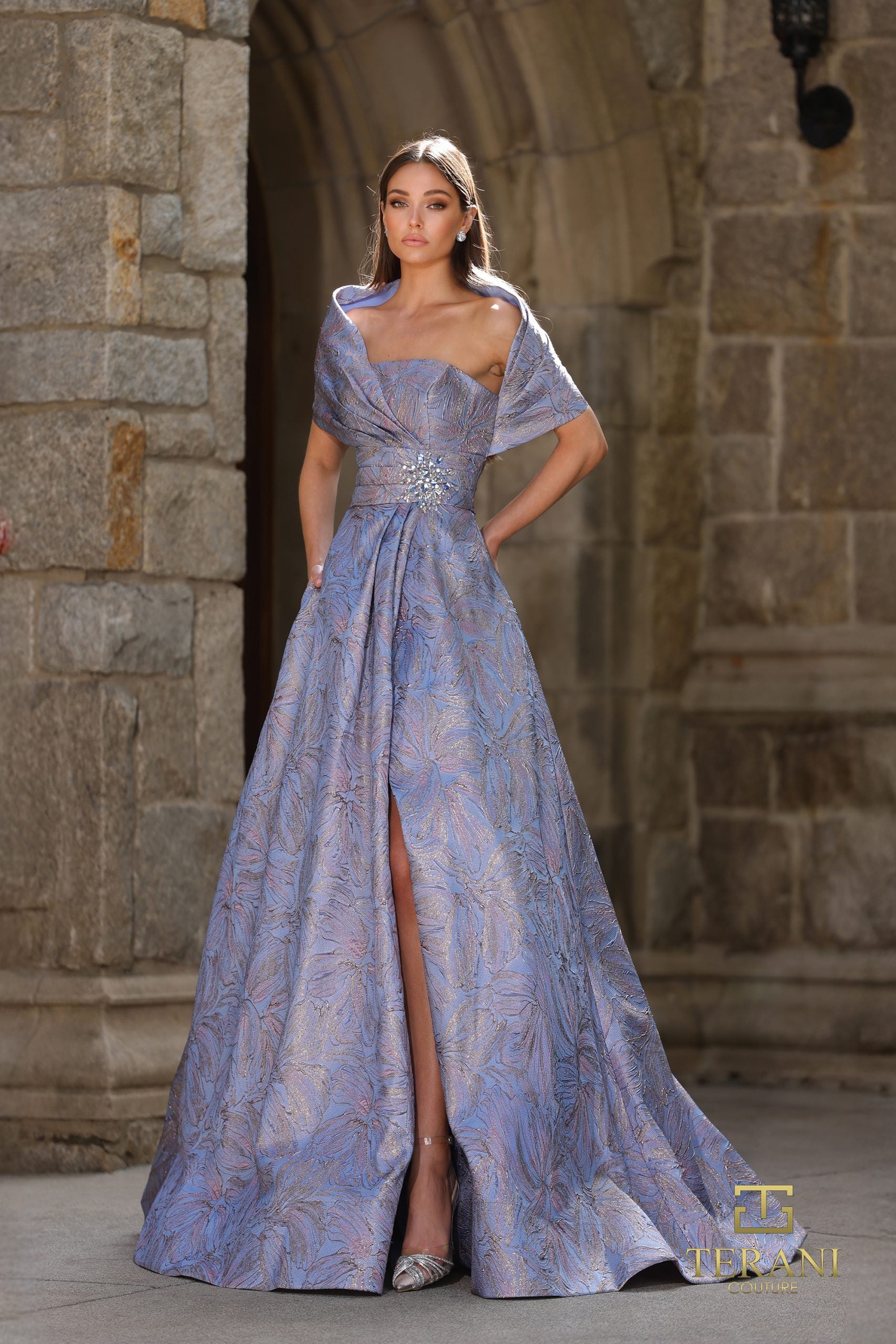Terani Couture Jacquard Off-The-Shoulder A-Line Gown, Womens, 8, Blue Rose