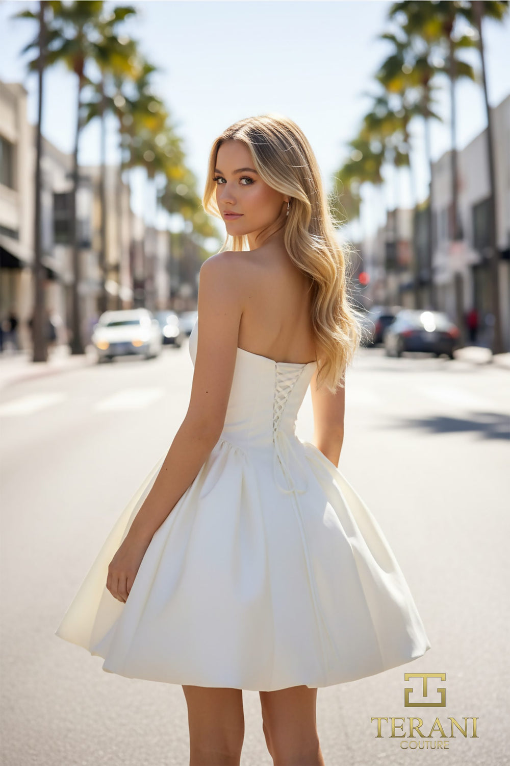 Strapless Curved Neck Mini Short Satin Wedding Fit & Flare Terani Couture 261P6176