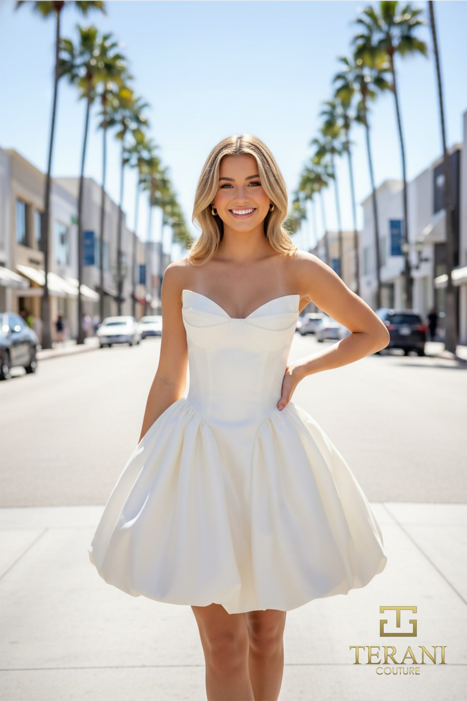 Strapless Curved Neck Mini Short Satin Wedding Fit & Flare Terani Couture 261P6176