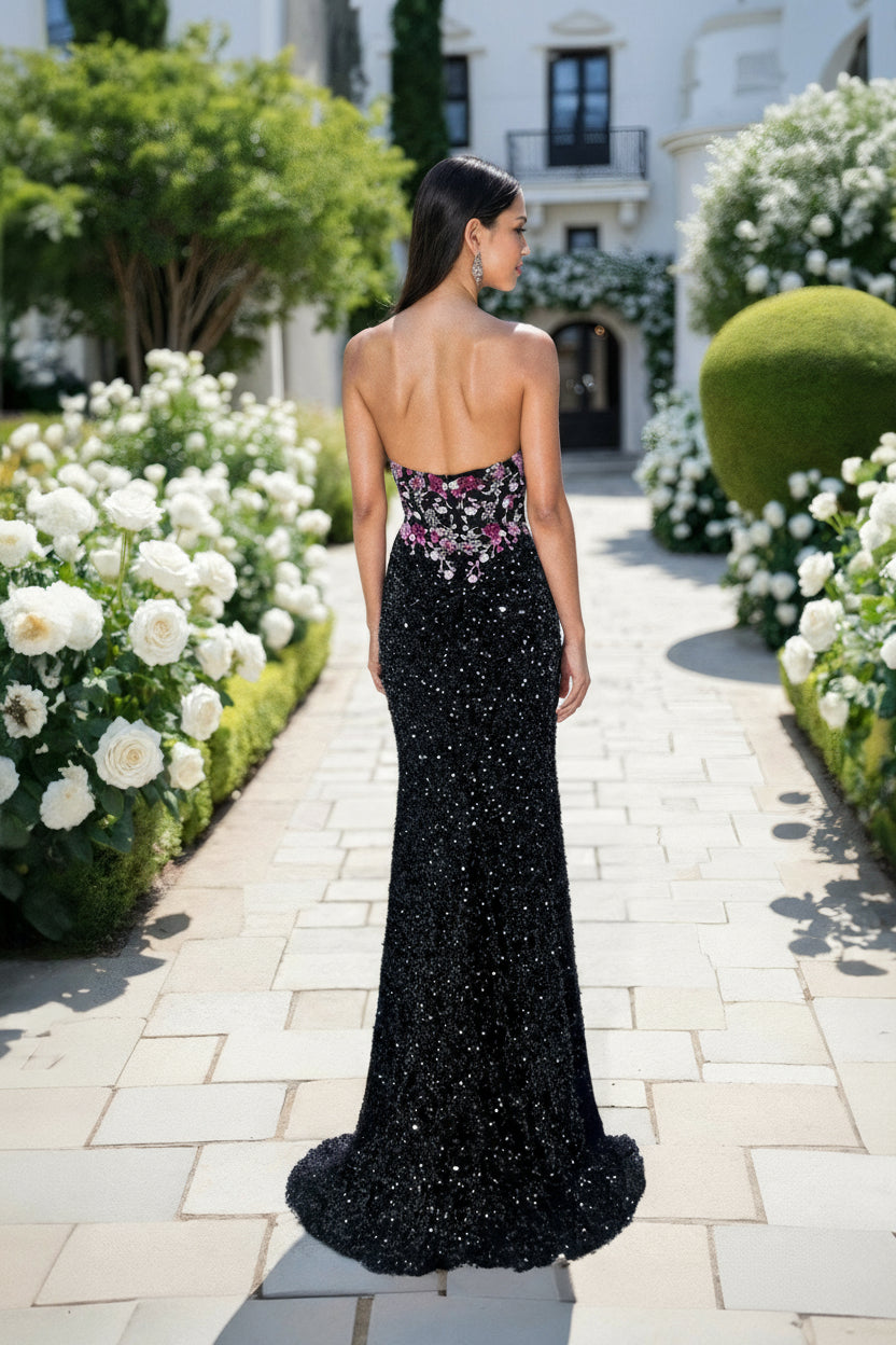 Prom Dresses Beaded Long Corset Formal Sequin Floral Prom Dress BLACK