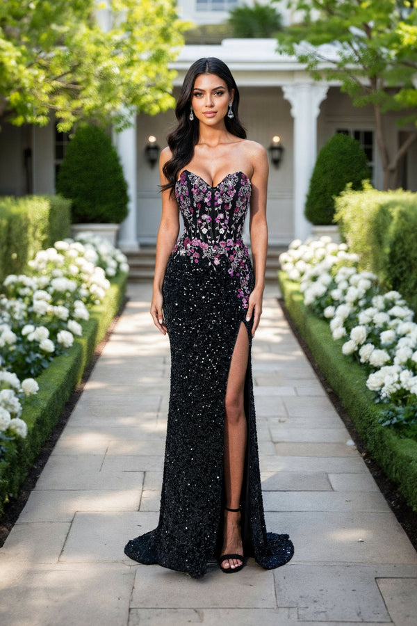 Terani Couture 261P6601 Beaded Long Corset Formal Sequin Floral Prom Dress