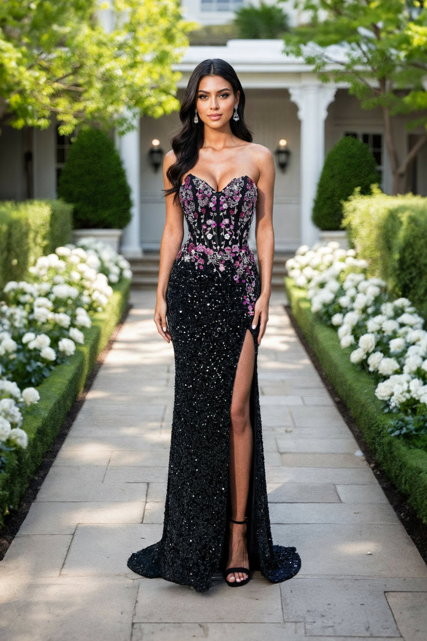 Prom Dresses Beaded Long Corset Formal Sequin Floral Prom Dress BLACK