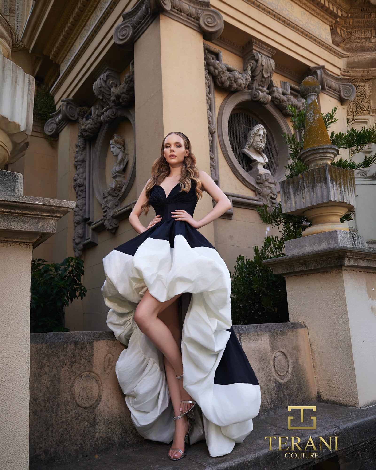 Prom Dresses High Low Ball Gown Ruffle Prom Dress  BLACK WHITE