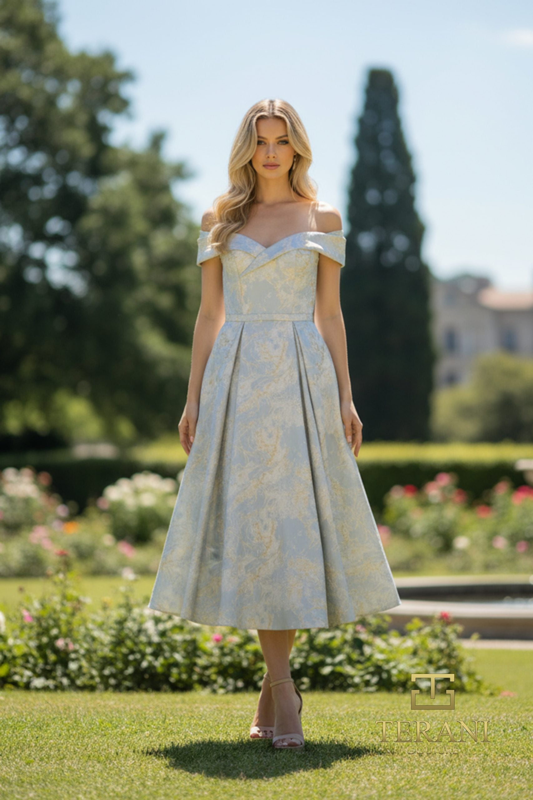 Cocktail Dresses A Line Tea Length Floral Short Cocktail Dress Blue Gold-Jacquard-261C6515-Printed