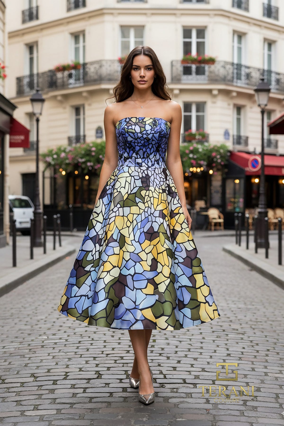 Cocktail Dresses Print Ball Gown Tea Length Cocktail Dress Blue Multi