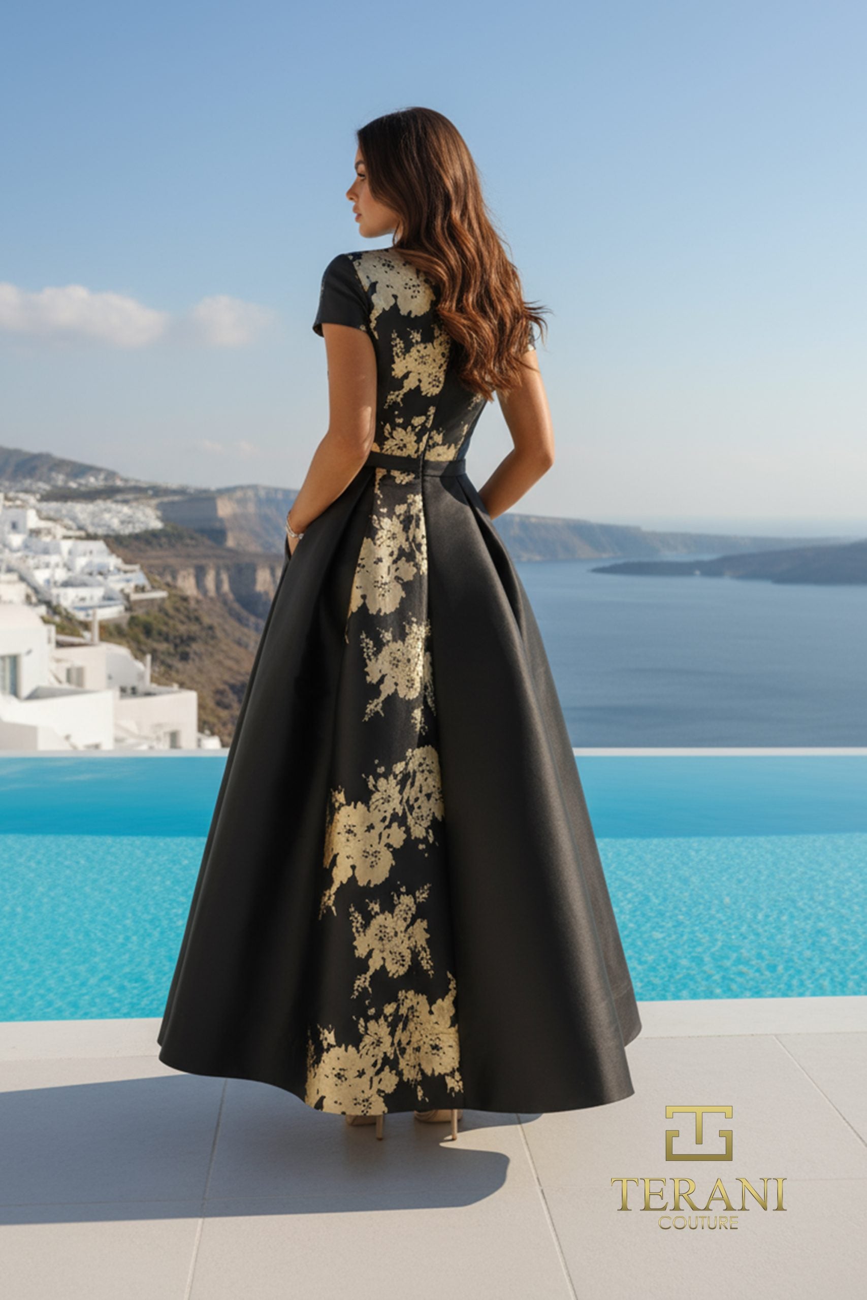 Terani Couture 261E5194 Long Formal Printed Overskirt Pant Suit