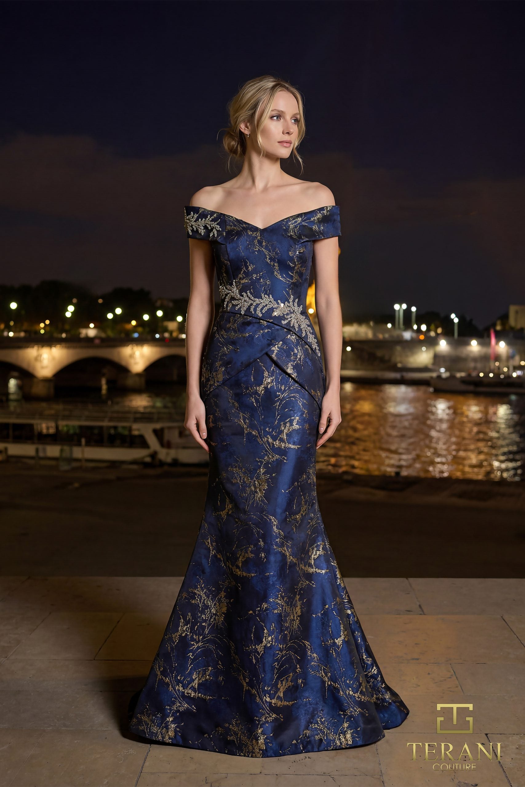 Formal Dresses Print Long Beaded Formal Dress Midnight Gold-Jacquard-261E6252-Printed