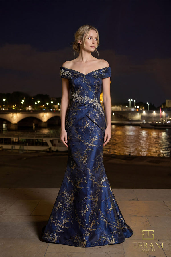 Terani Couture 261E6252 Print Long Beaded Formal Dress