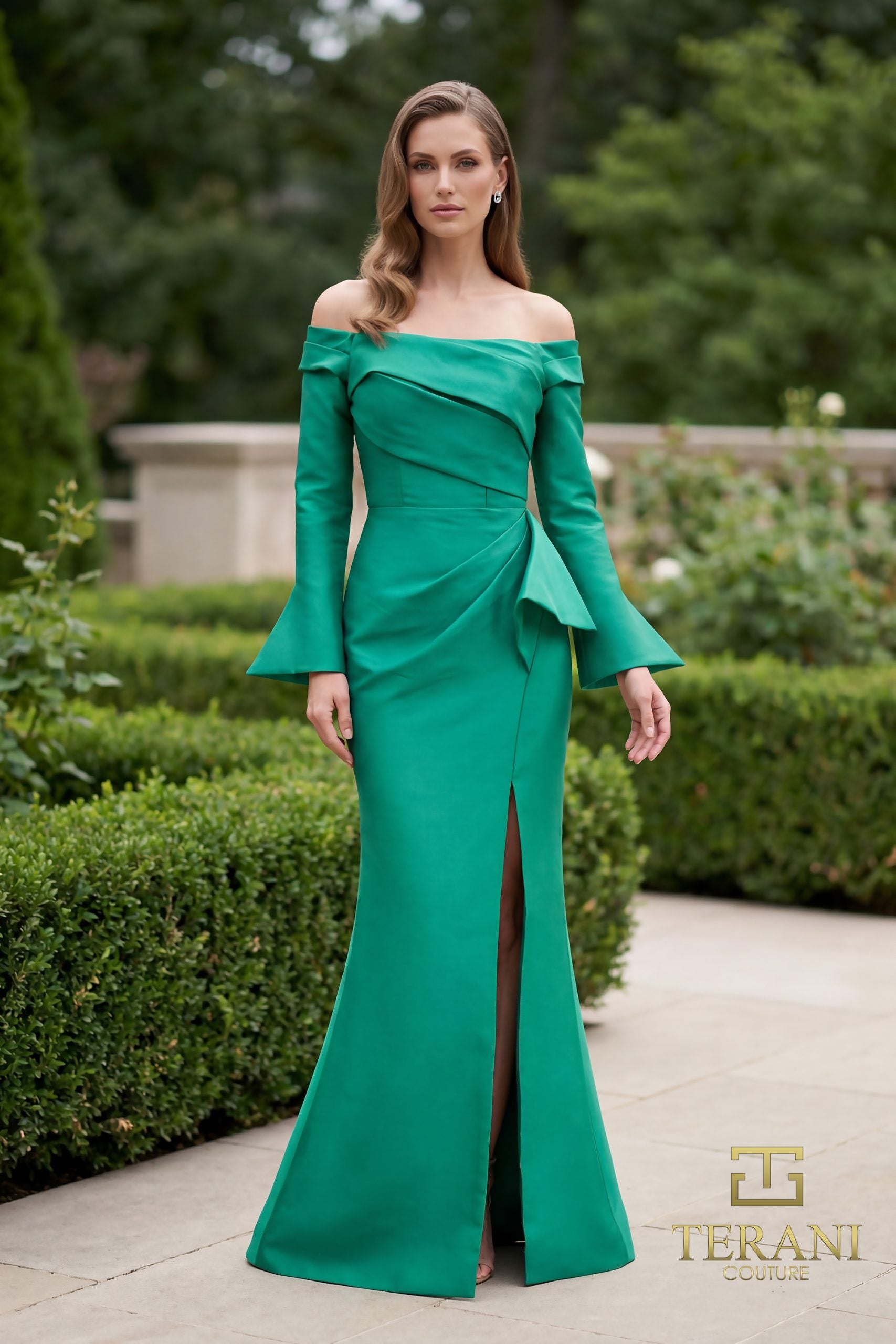 Terani Couture 261M6412 Long Sleeve Slit Formal Dress - Emerald / 6 Terani Couture 261M6412 Long Sleeve Slit Formal Dress - Emerald / 6