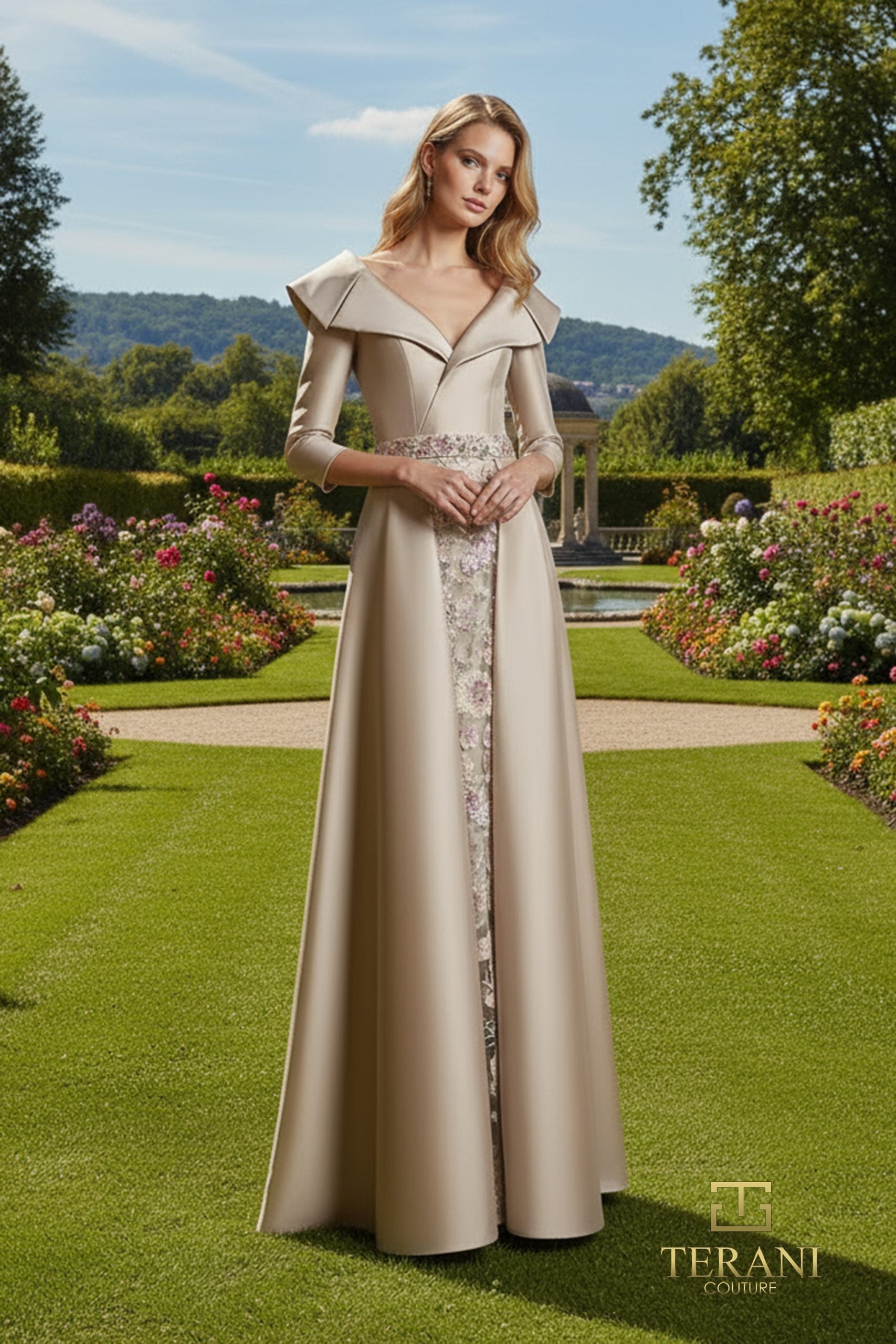 Mother of the Bride Dresses A Line Slit Long Sleeve Mother of the Bride Dress Taupe-Mikado-261M6455-Floral