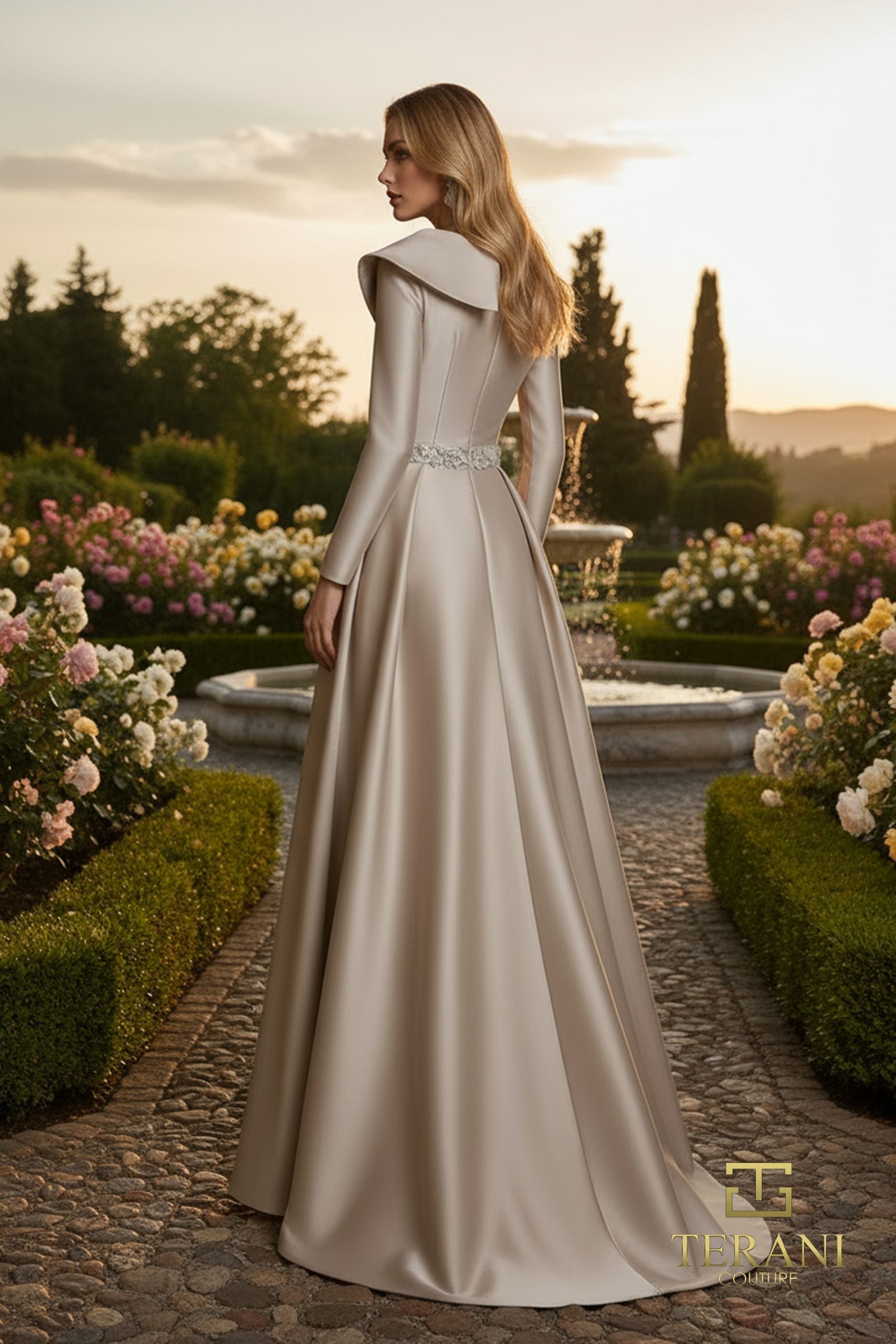 Mother of the Bride Dresses A Line Slit Long Sleeve Mother of the Bride Dress Taupe-Mikado-261M6455-Floral