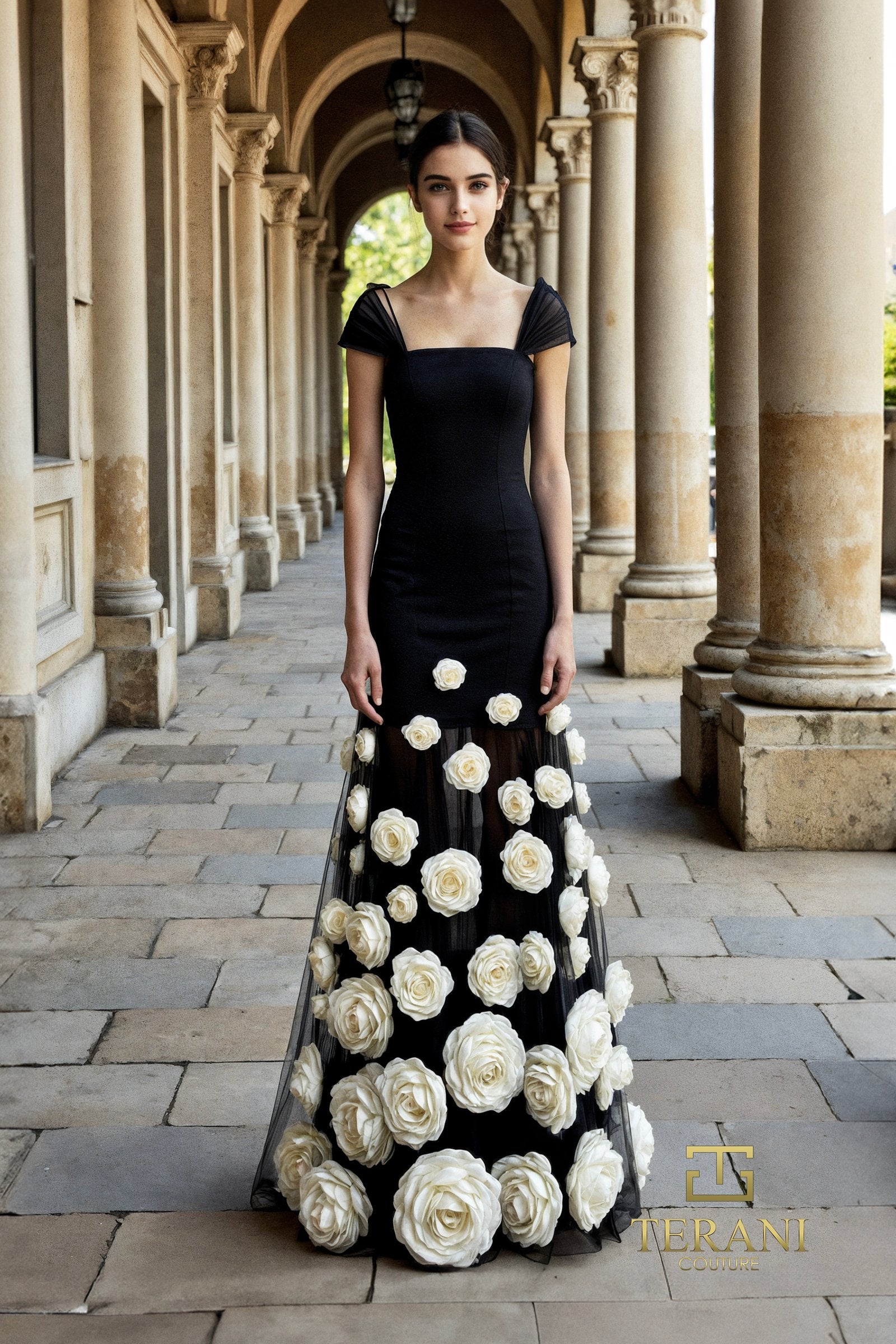 Prom Dresses Fitted Long Formal 3D Floral Applique Prom Dress BLACK IVORY