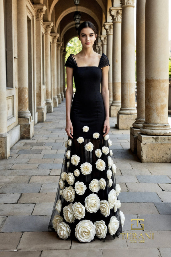 Terani Couture 261P6098 Fitted Long Formal 3D Floral Applique Prom Dress