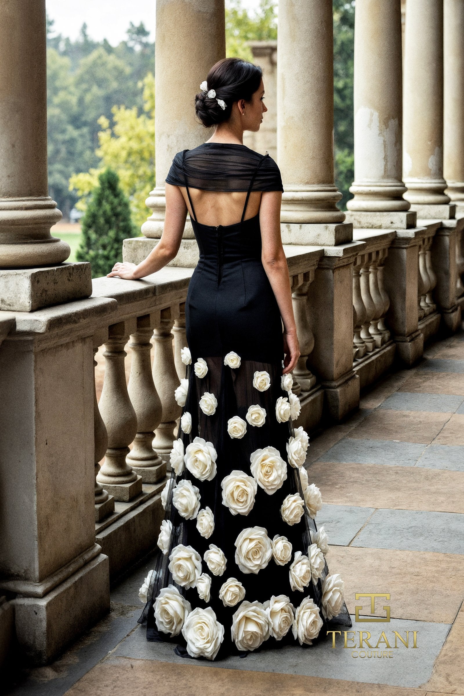 Prom Dresses Fitted Long Formal 3D Floral Applique Prom Dress BLACK IVORY