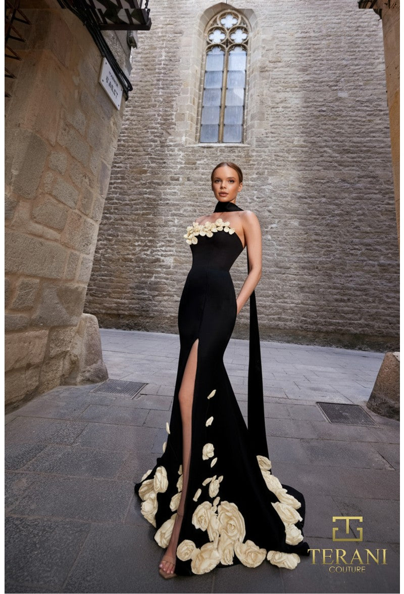 Prom Dresses Prom Long Formal Floral Evening Dress Black Ivory