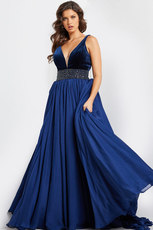 Prom Dresses A Line Long Formal Beaded Velvet Prom Dress Navy