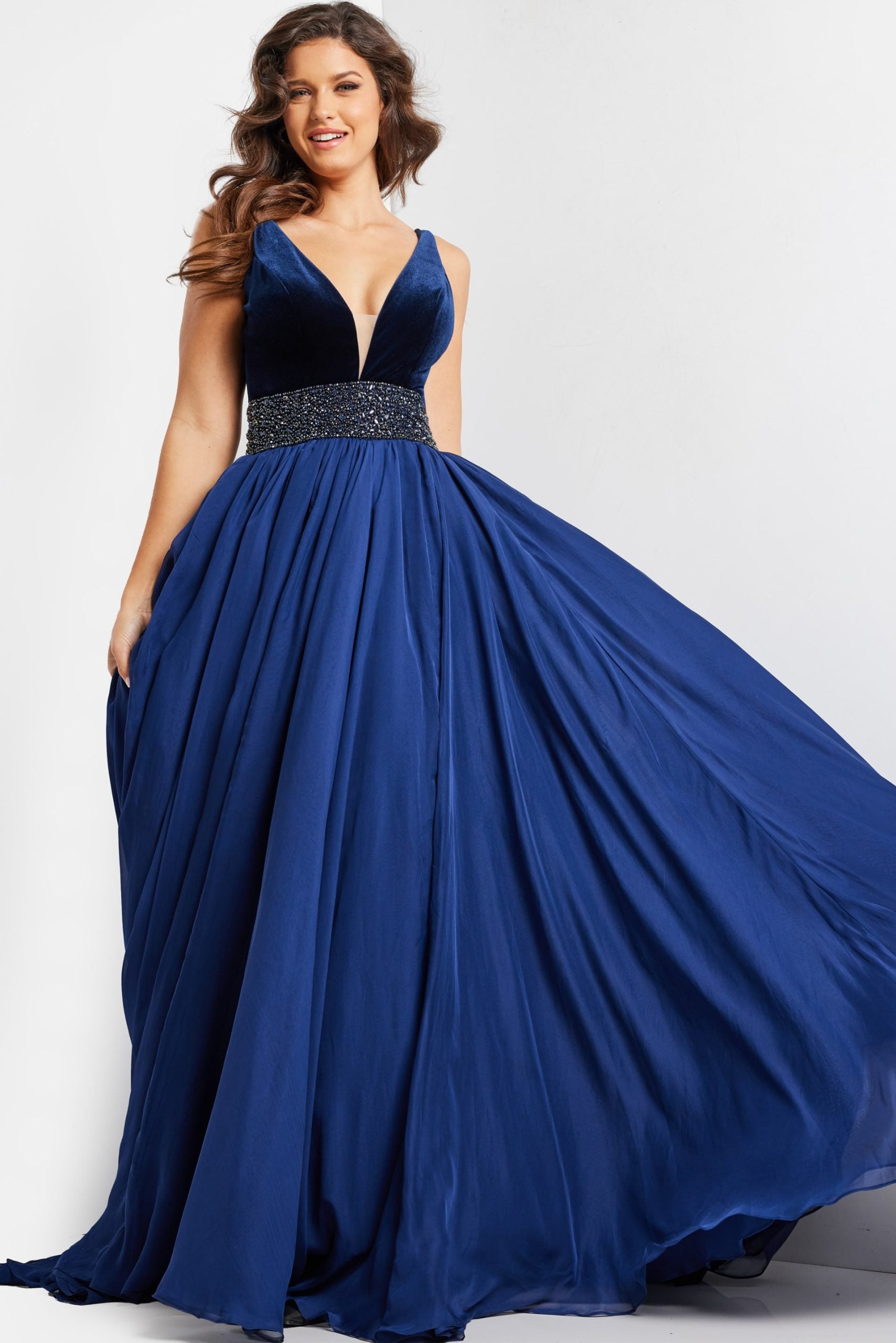 Prom Dresses A Line Long Formal Beaded Velvet Prom Dress Navy
