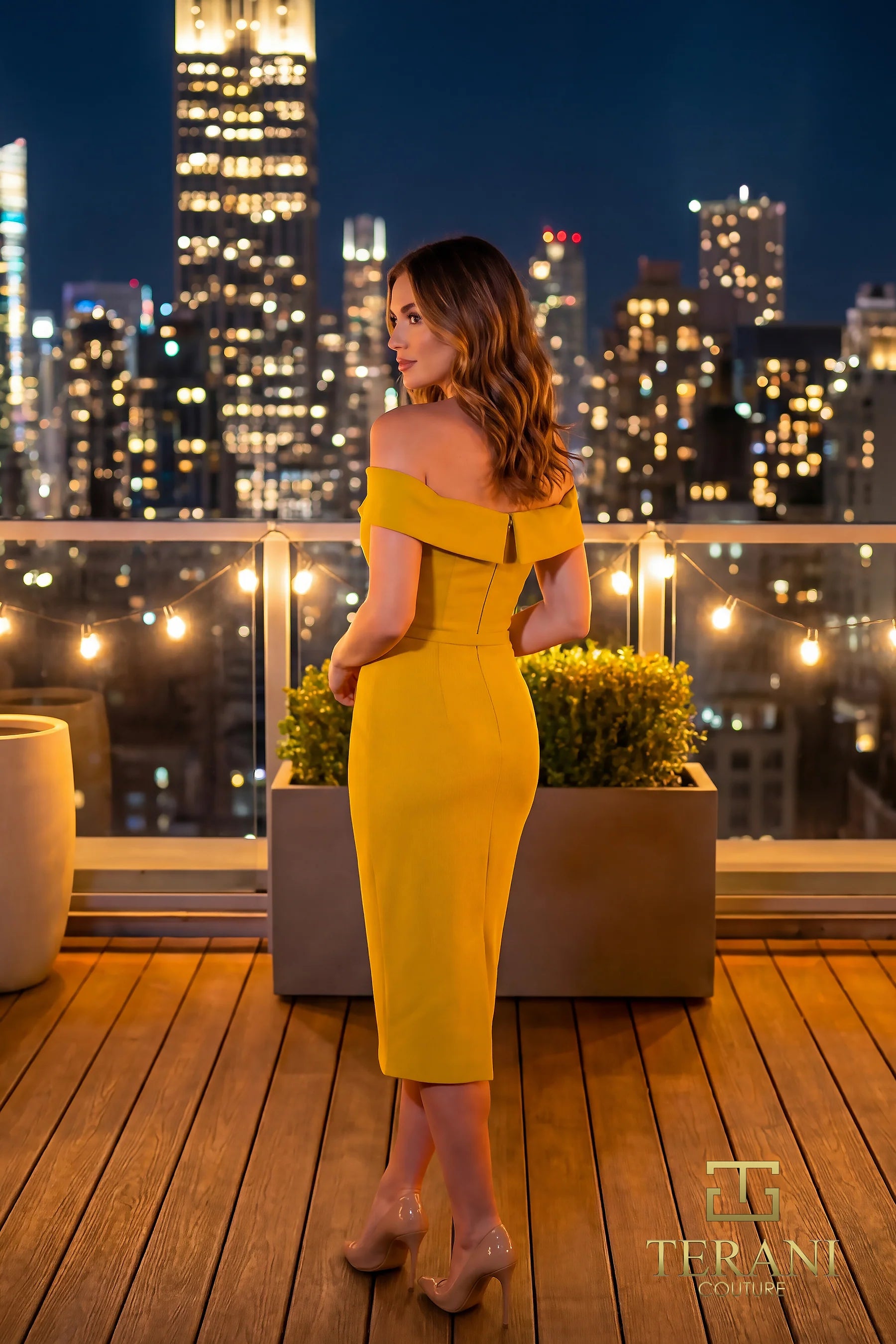 Off-the-Shoulder Midi Crepe Cocktail Sheath/Column Terani Couture 262C7004