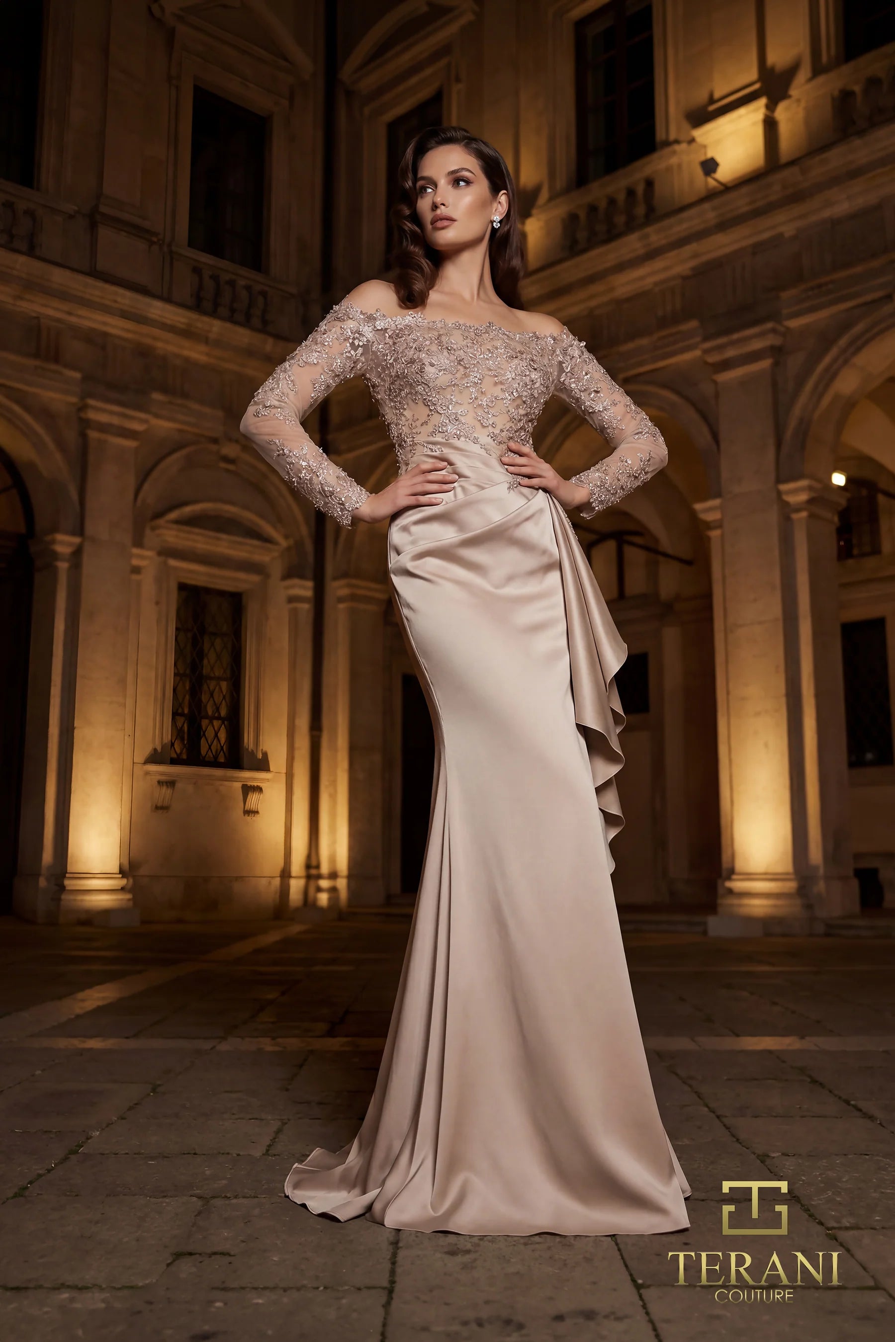 Off-the-Shoulder Floor-Length Satin Formal Sheath/Column Terani Couture 262E7074