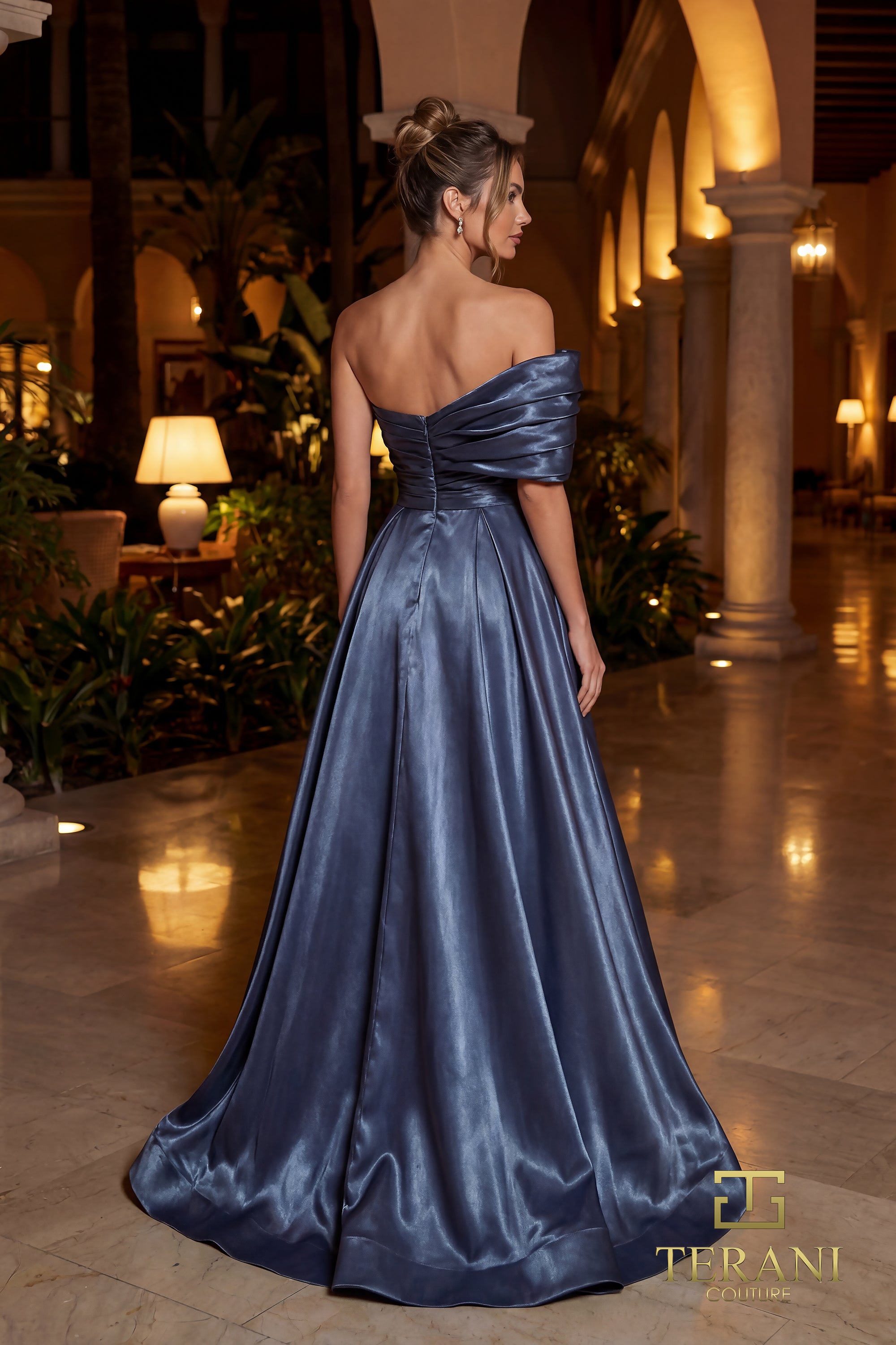 Strapless Curved Neck Floor-Length Satin Evening A-Line Terani Couture 262E7103