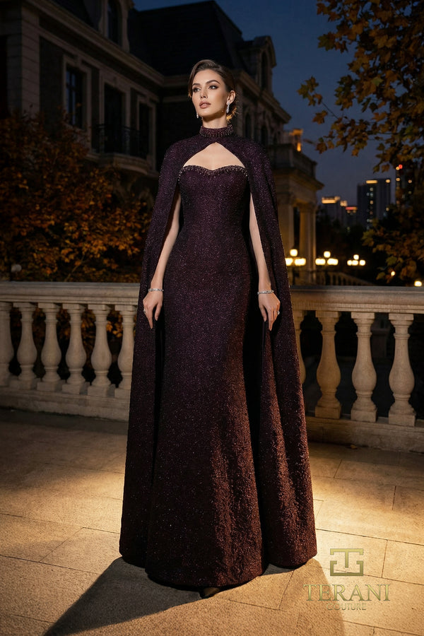 Crew High-Neck Floor-Length Glitter Metallic Evening Sheath Column Terani Couture 262E7125