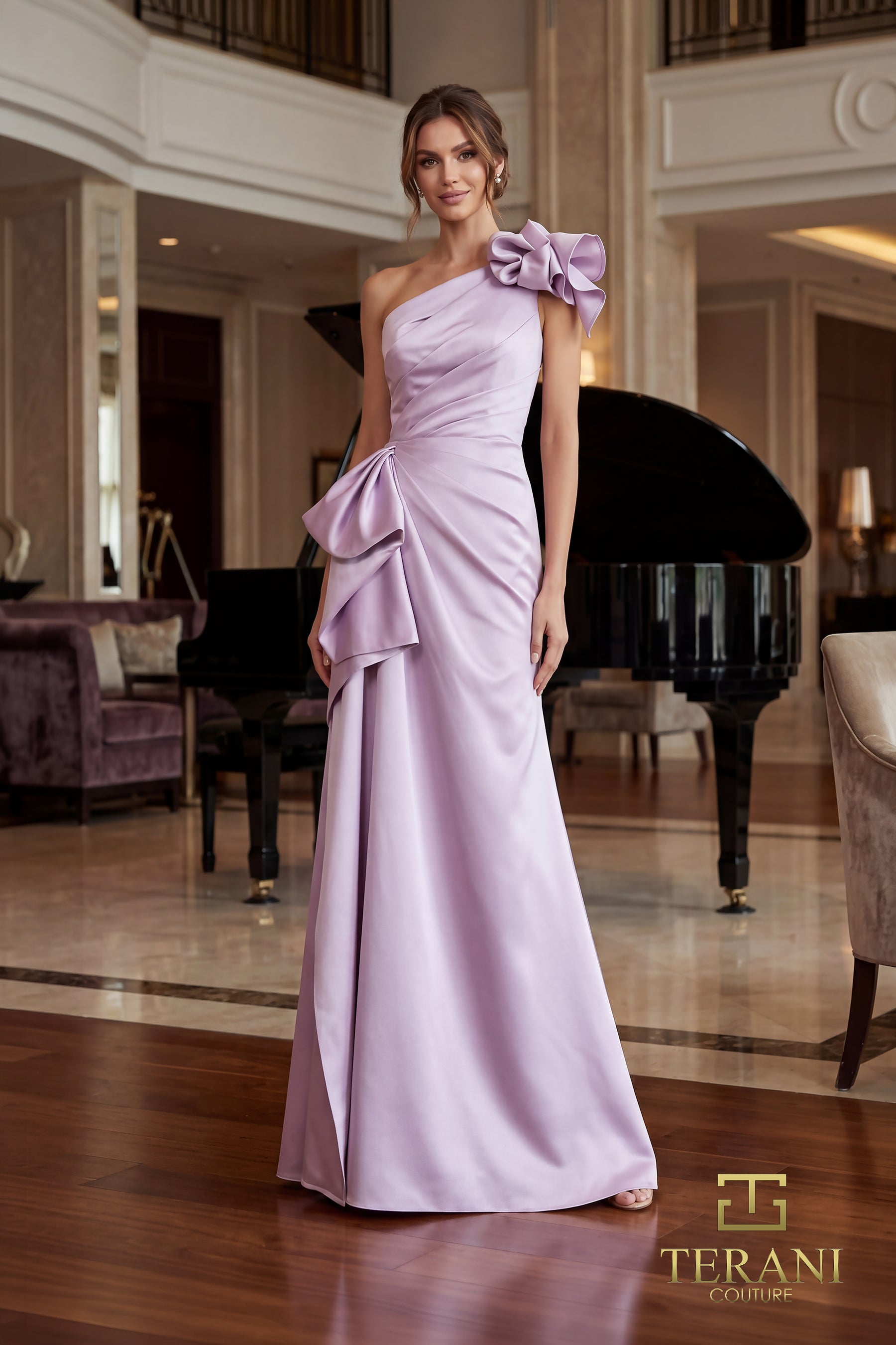 One-Shoulder Floor-Length Satin Formal Sheath Terani Couture 262E7132