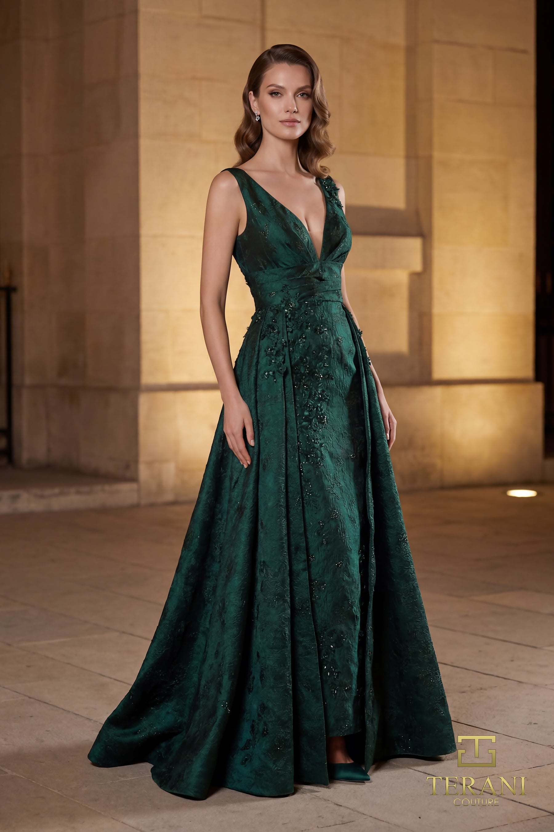 V-Neck Floor-Length Lace Formal A-Line Terani Couture 262E7138